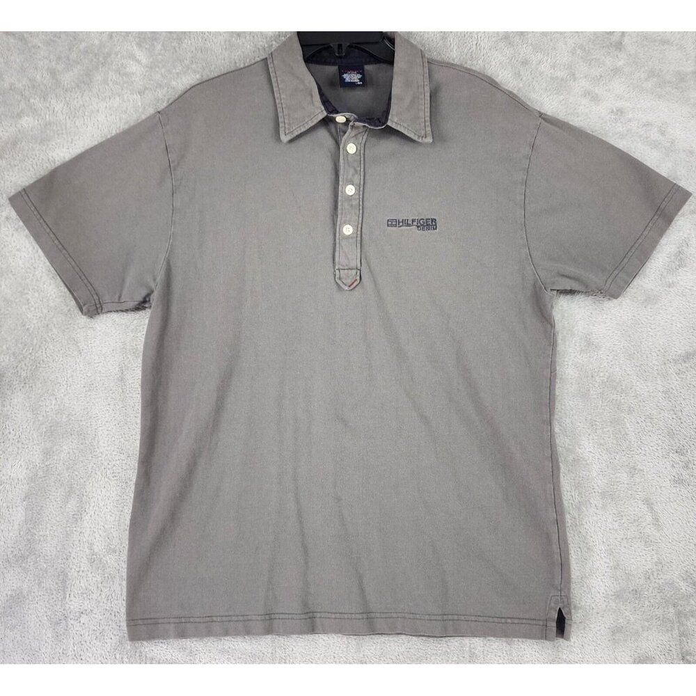 Tommy Jeans Hilfiger Denim Polo Mens Large Gray Short Sleeve Shirt 90s Vintage